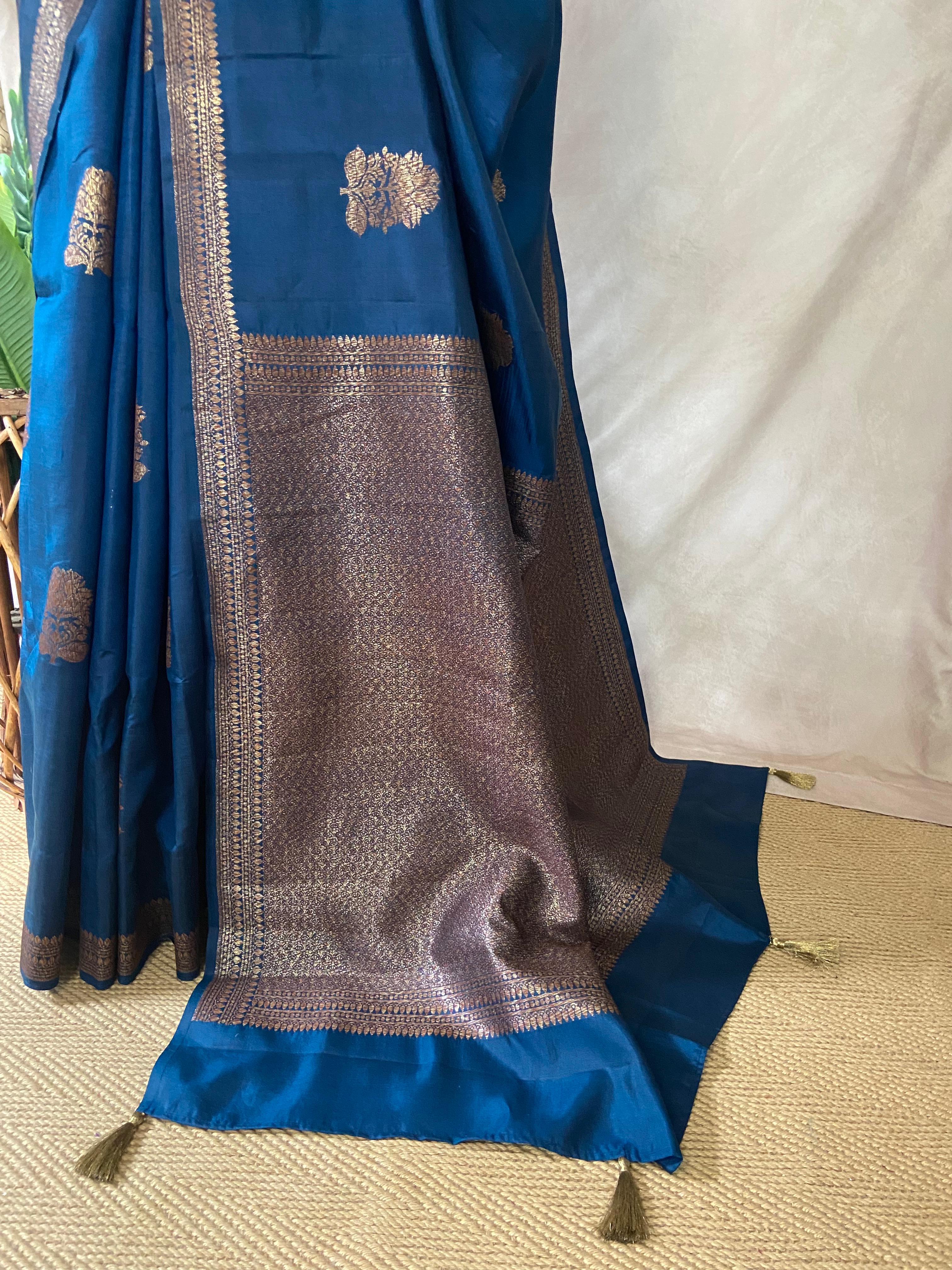 Peacock blue Pure tussar banarasi silk saree, with stitched blouse