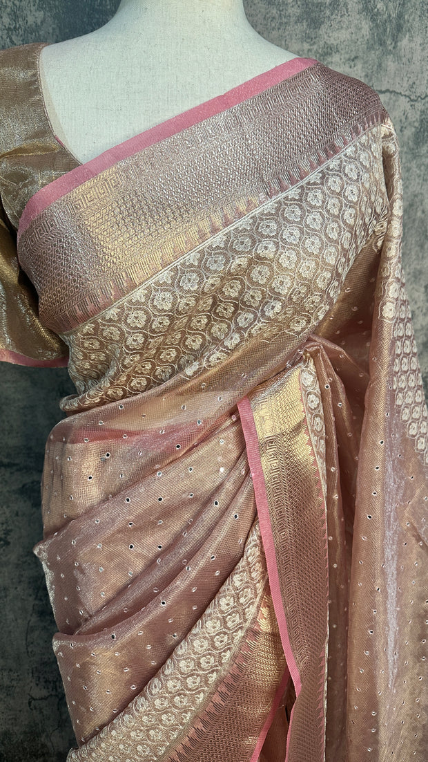 Tissue Kotta silk saree with mirror and chikankari work, with stitched blouse