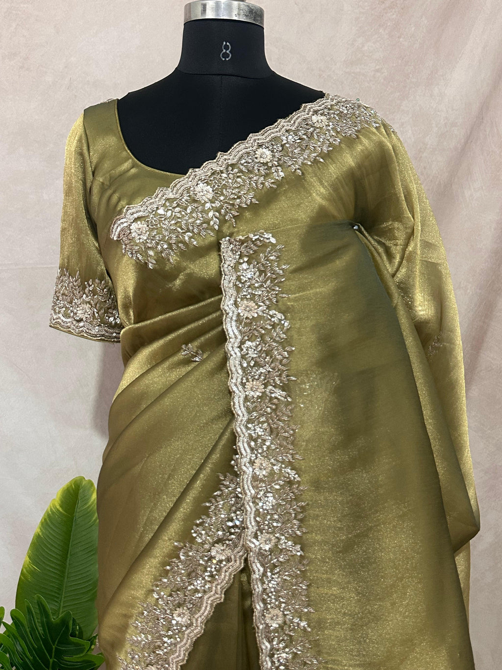 Olive green Green tissue designer saree with stitched blouse and under skirt
