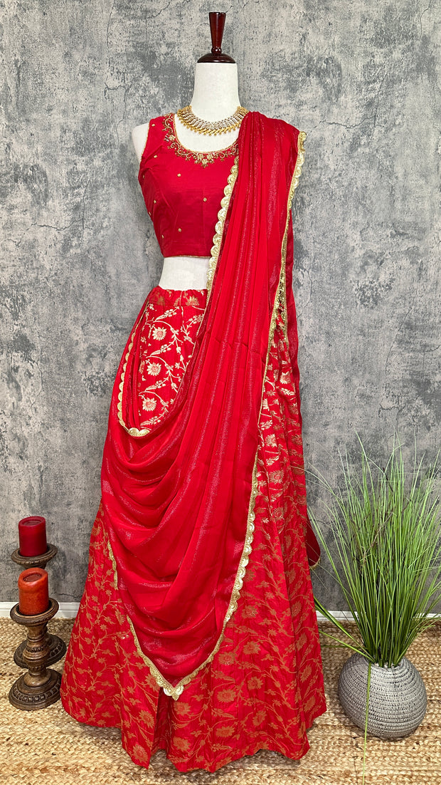Red Banarsi Skirt with Blouse and Dupatta