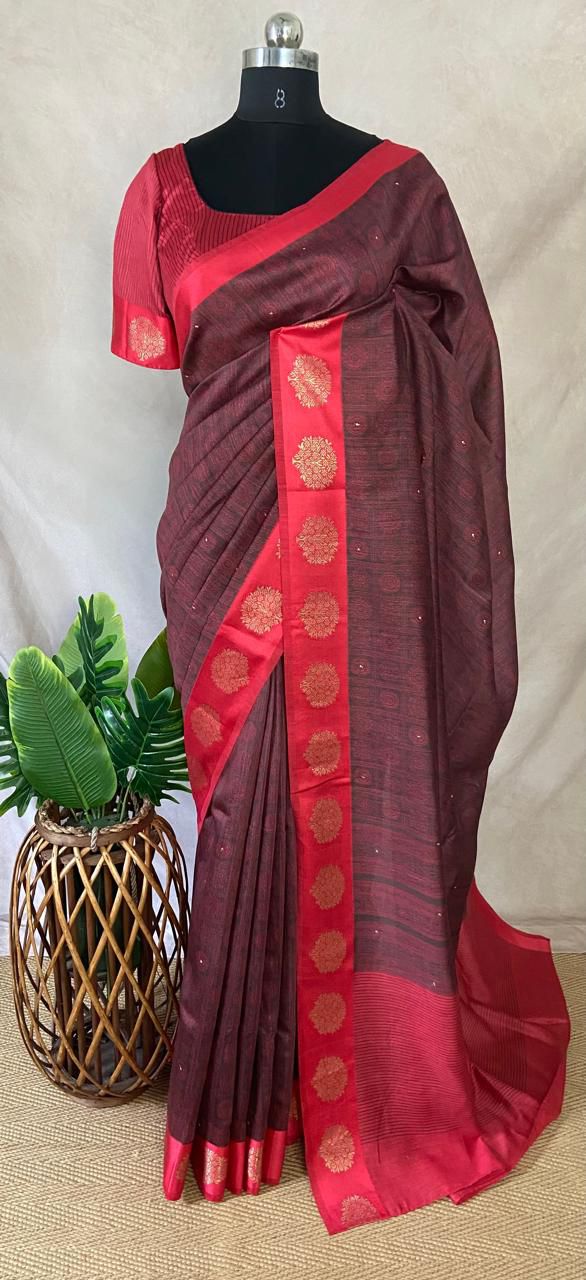 Printed blended tussar silk saree with hand work and stitched blouse