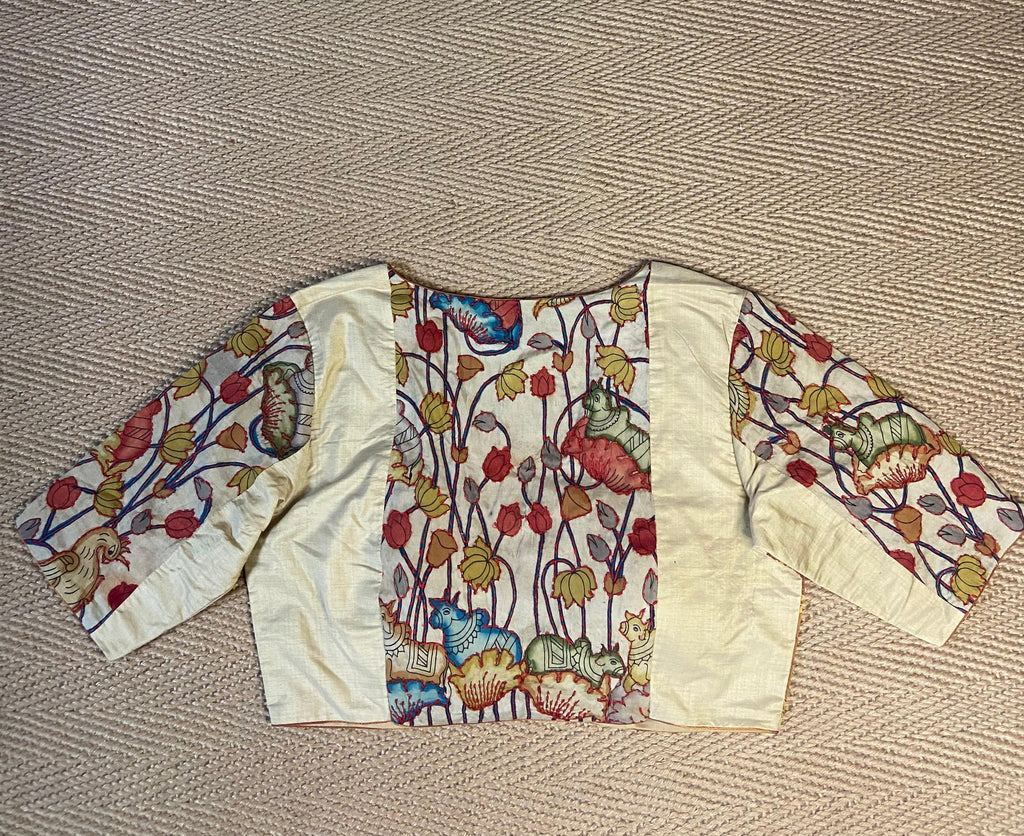 Sandalwood color silk blouse with pichwai and kantha work