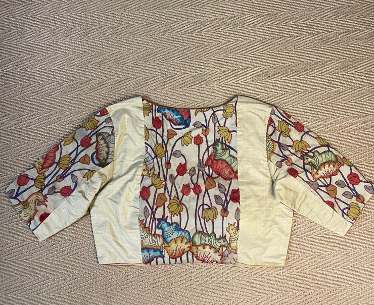 Sandalwood color silk blouse with pichwai and kantha work