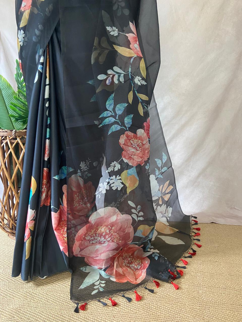 Silk organza digital printed saree with Organza and Satin half and half saree , BP