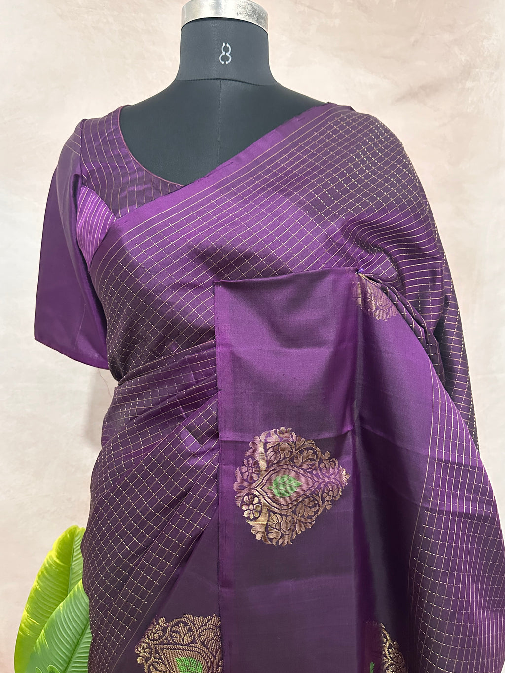 Purple pure Kanchivaram soft silk saree with stitched blouse