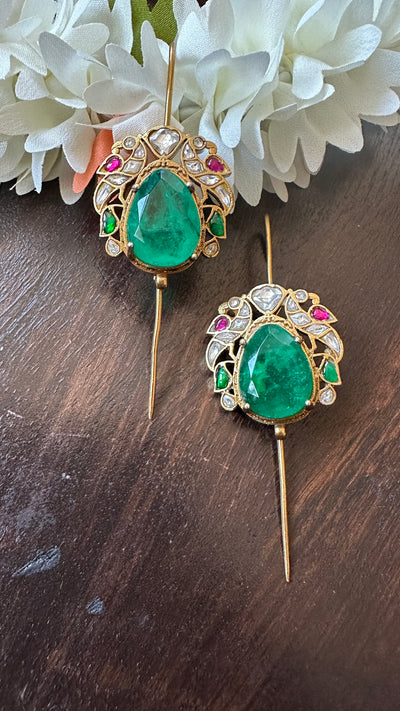 Multi color kundan stone emrald green gem stone ear pin/cuff