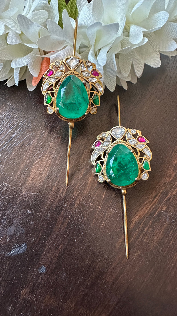 Multi color kundan stone emrald green gem stone ear pin/cuff