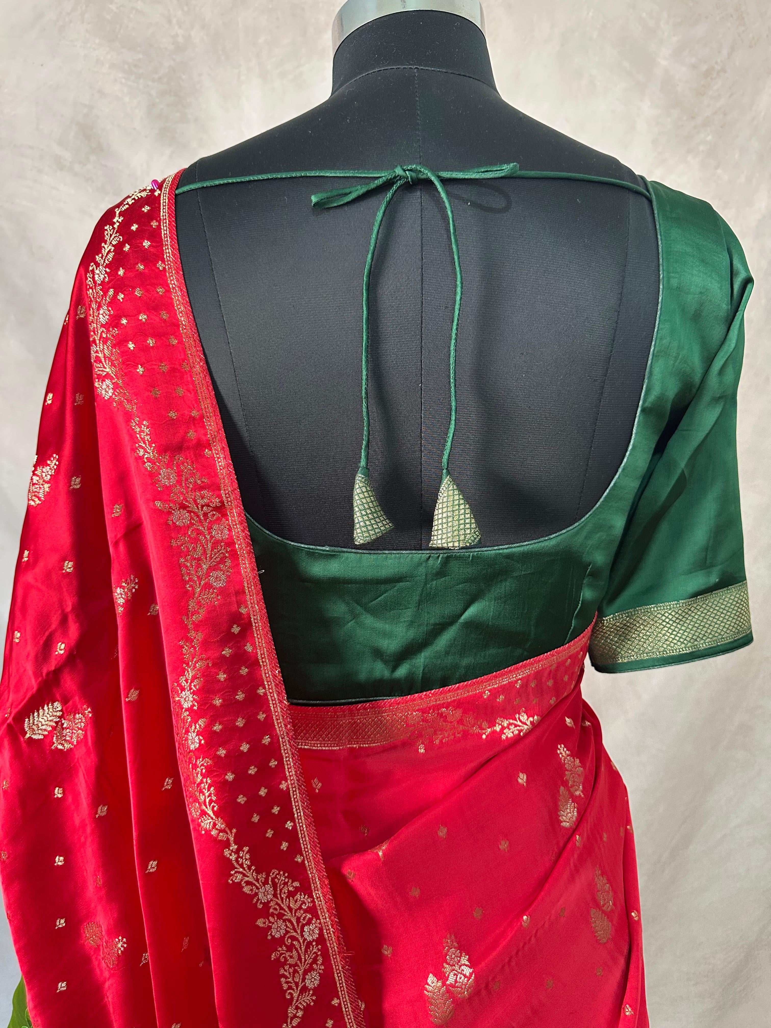 Red and green combo satin silk saree with stitched blouse