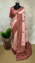 Light pink dupion silk saree with meenakari weave and stitched blouse