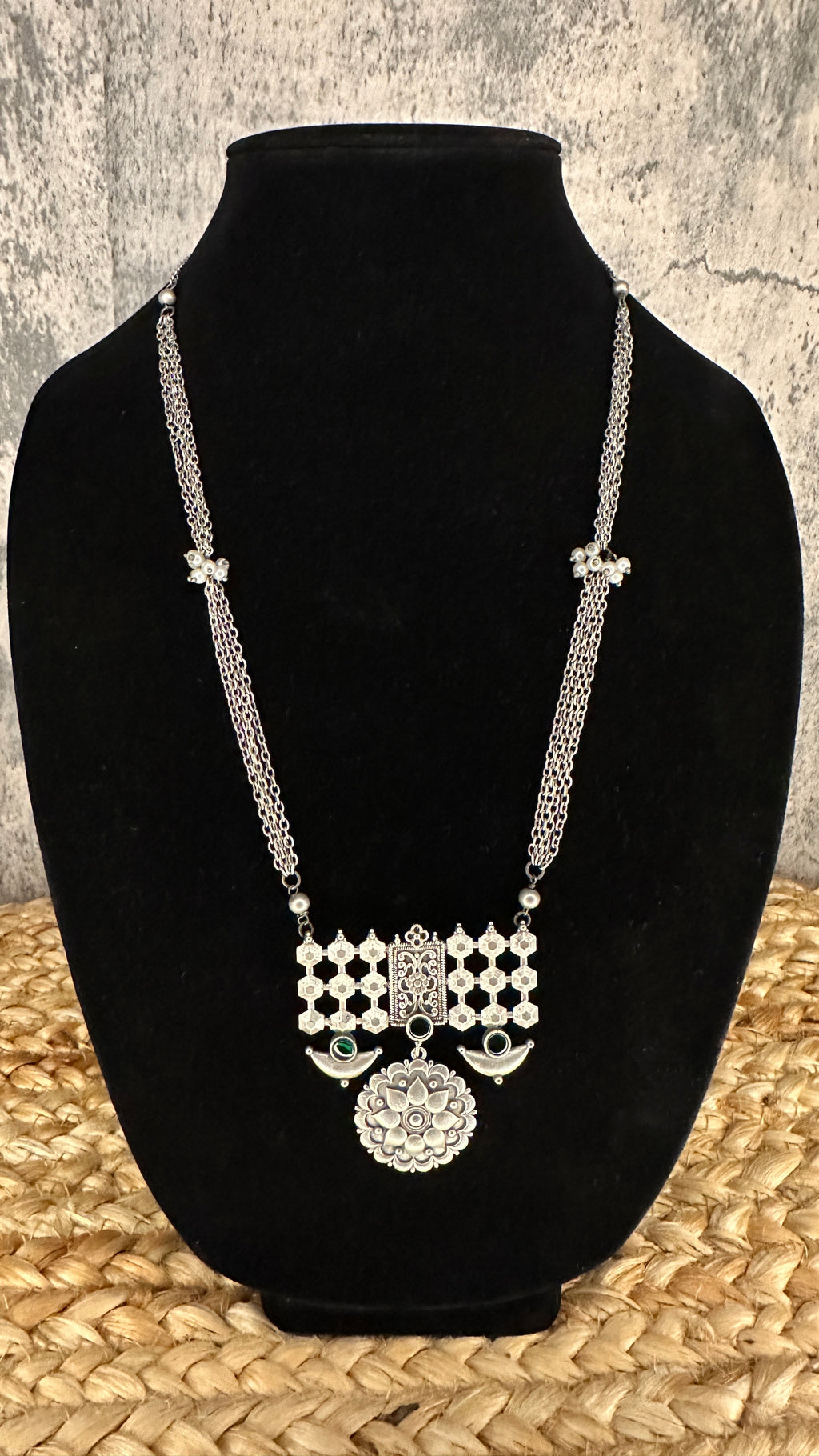 Silver replica necklace and earring - with green stone