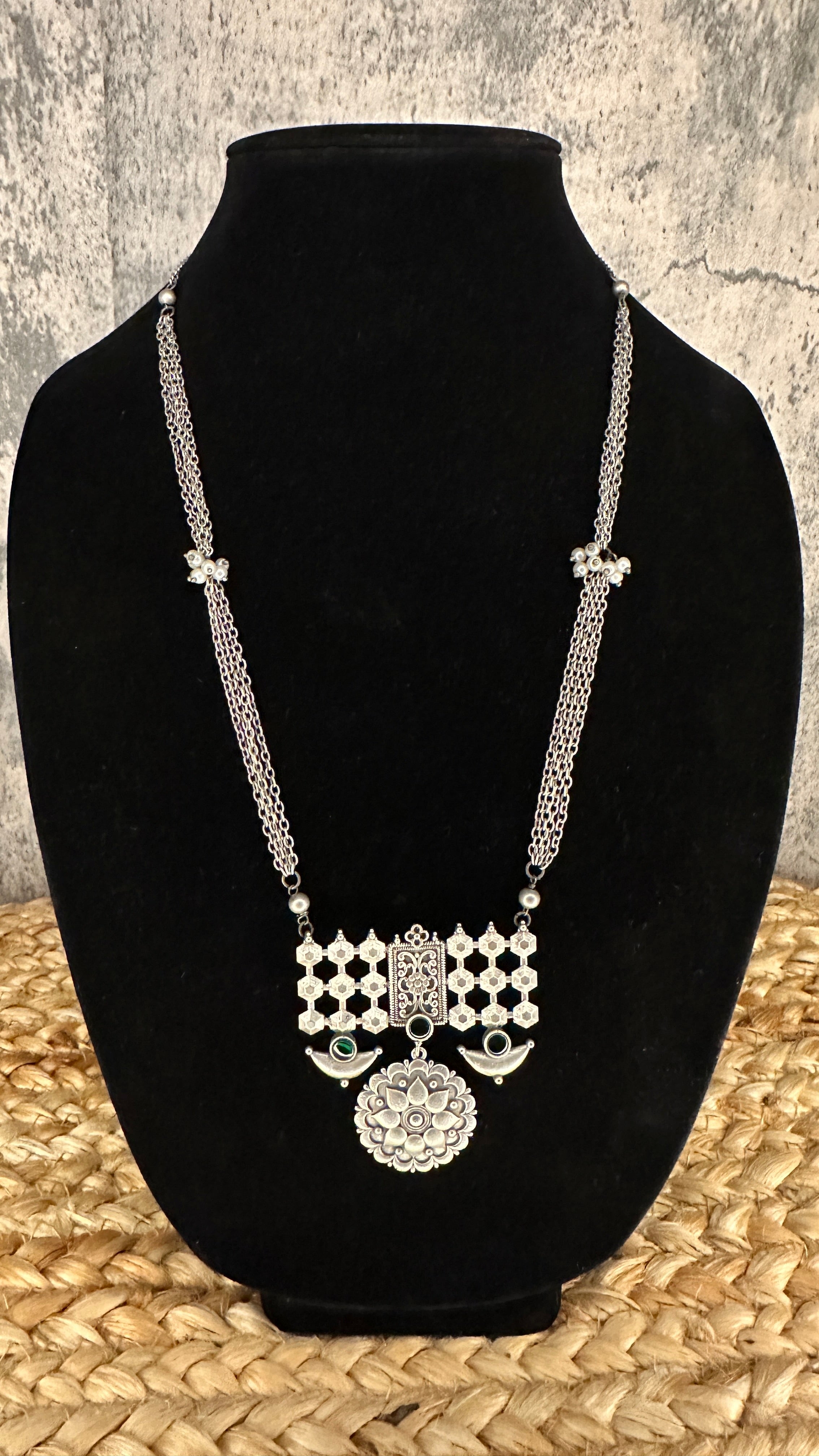 Silver replica necklace and earring - with green stone