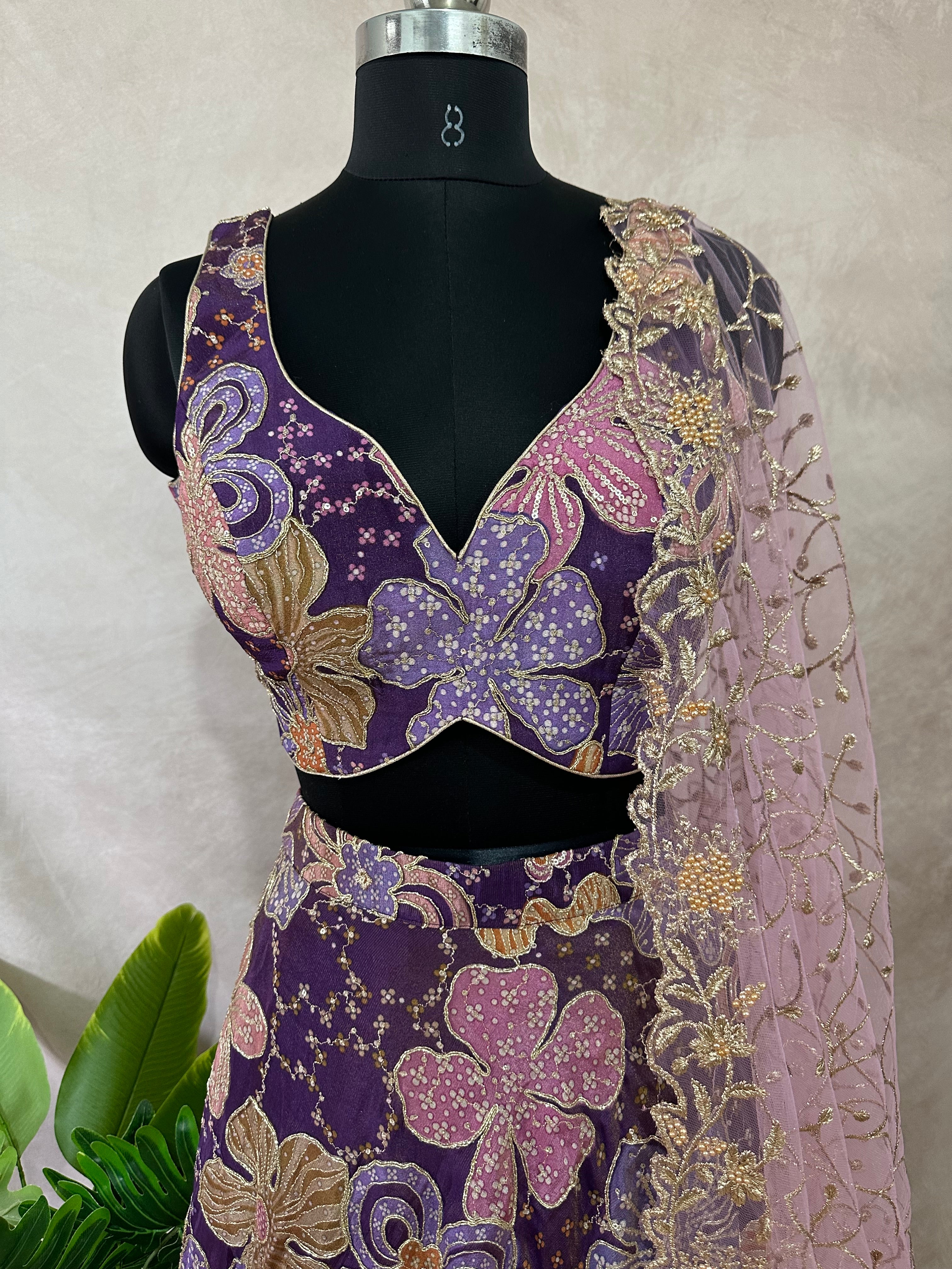 Purple crepe tissue lehanga