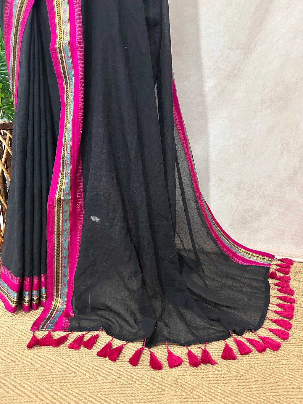 Black jaquard temple border 120 count mulcotton saree