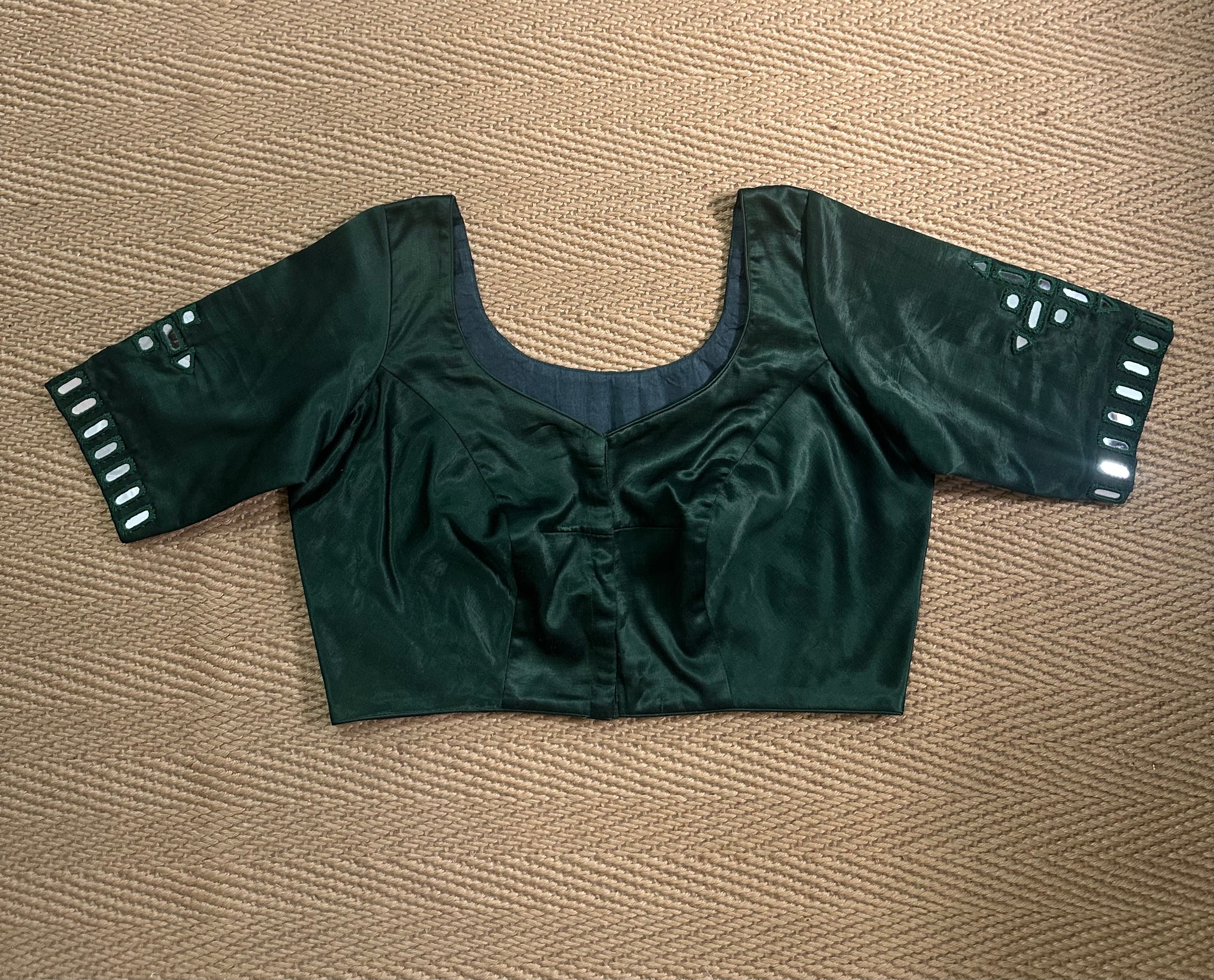 Bottle green modal silk blouse with mirror work
