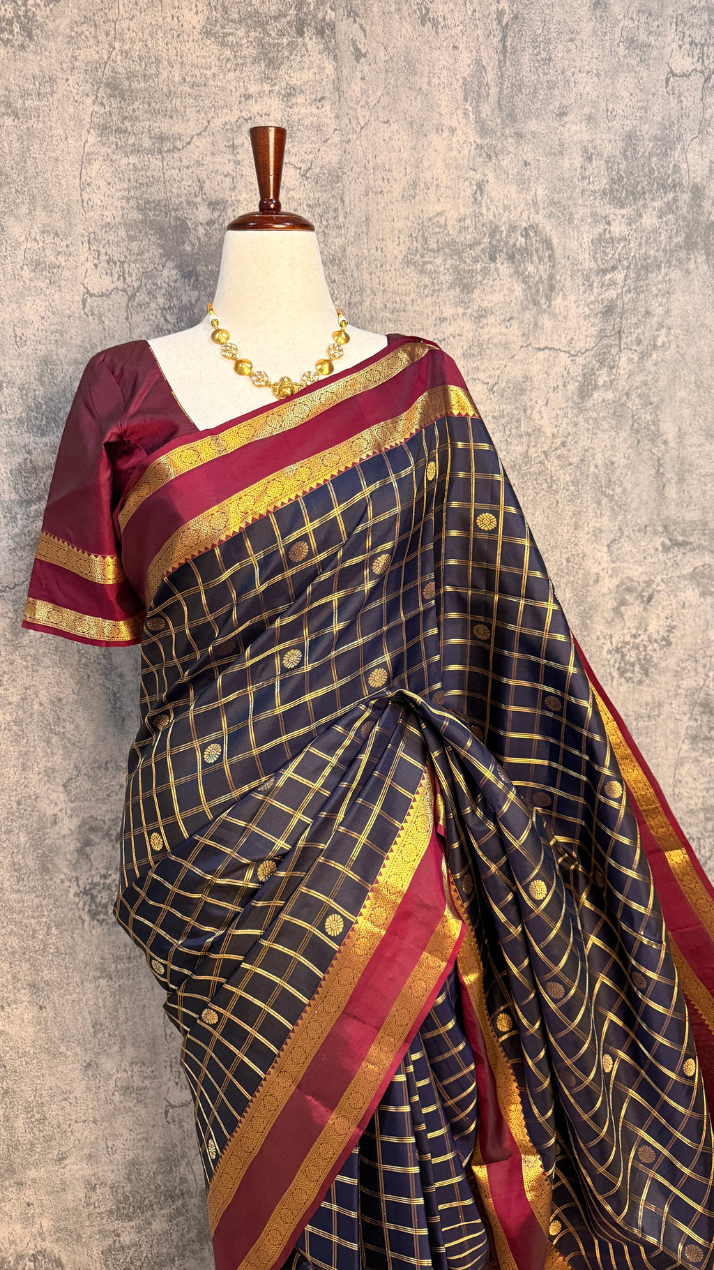 Navi blue and maroon kanchvaram soft silk saree