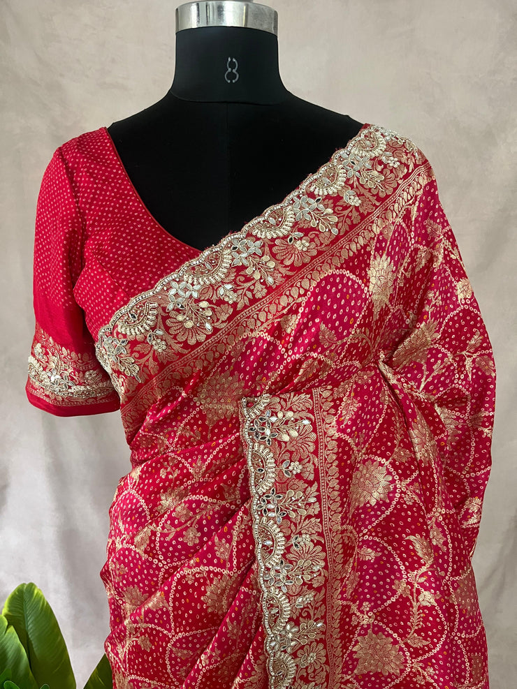 Red and pink combo designer saree with embroidery work and stitched blouse