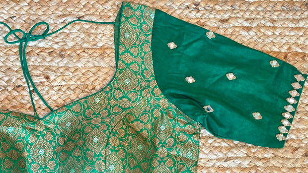 Green brocade silk blouse with mirror work
