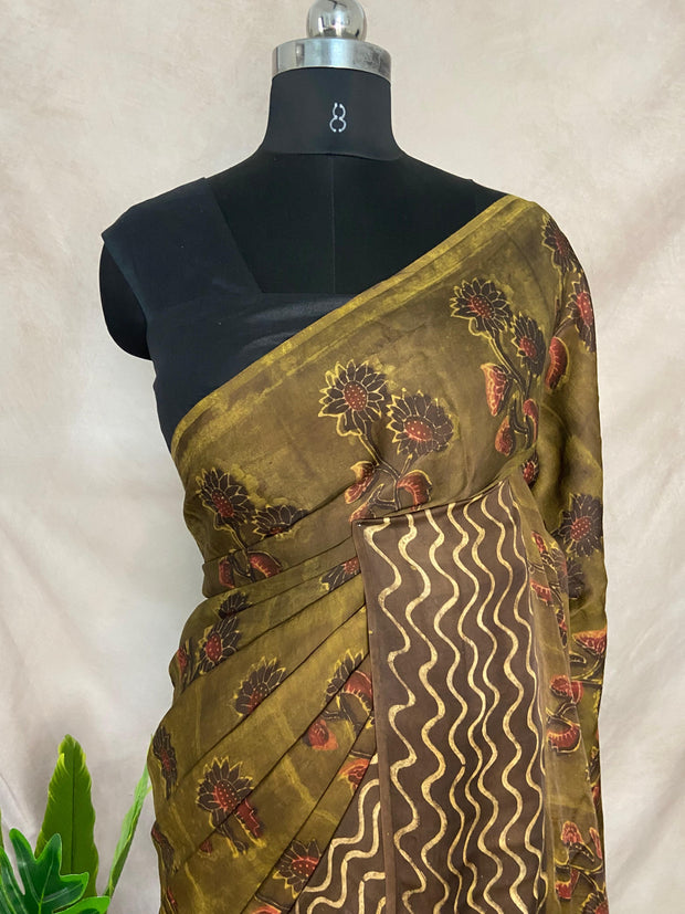 Nashpal Tussar by modal silk saree with hand block print with natural dye, with BP