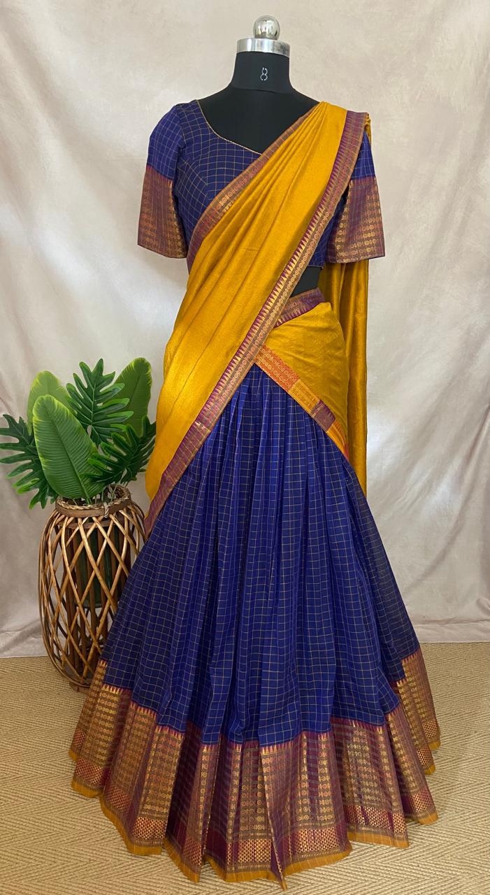 Navy blue narayenpettu cotton silk dhavani