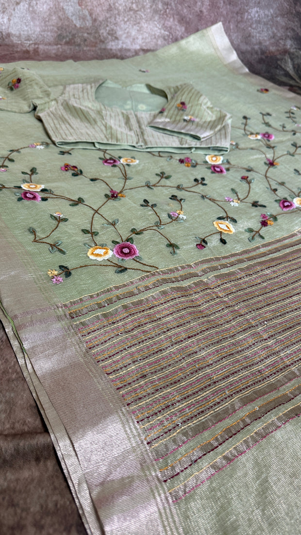 Grey Tissue Linen Saree with Hand Embroidery  and stitched blouse