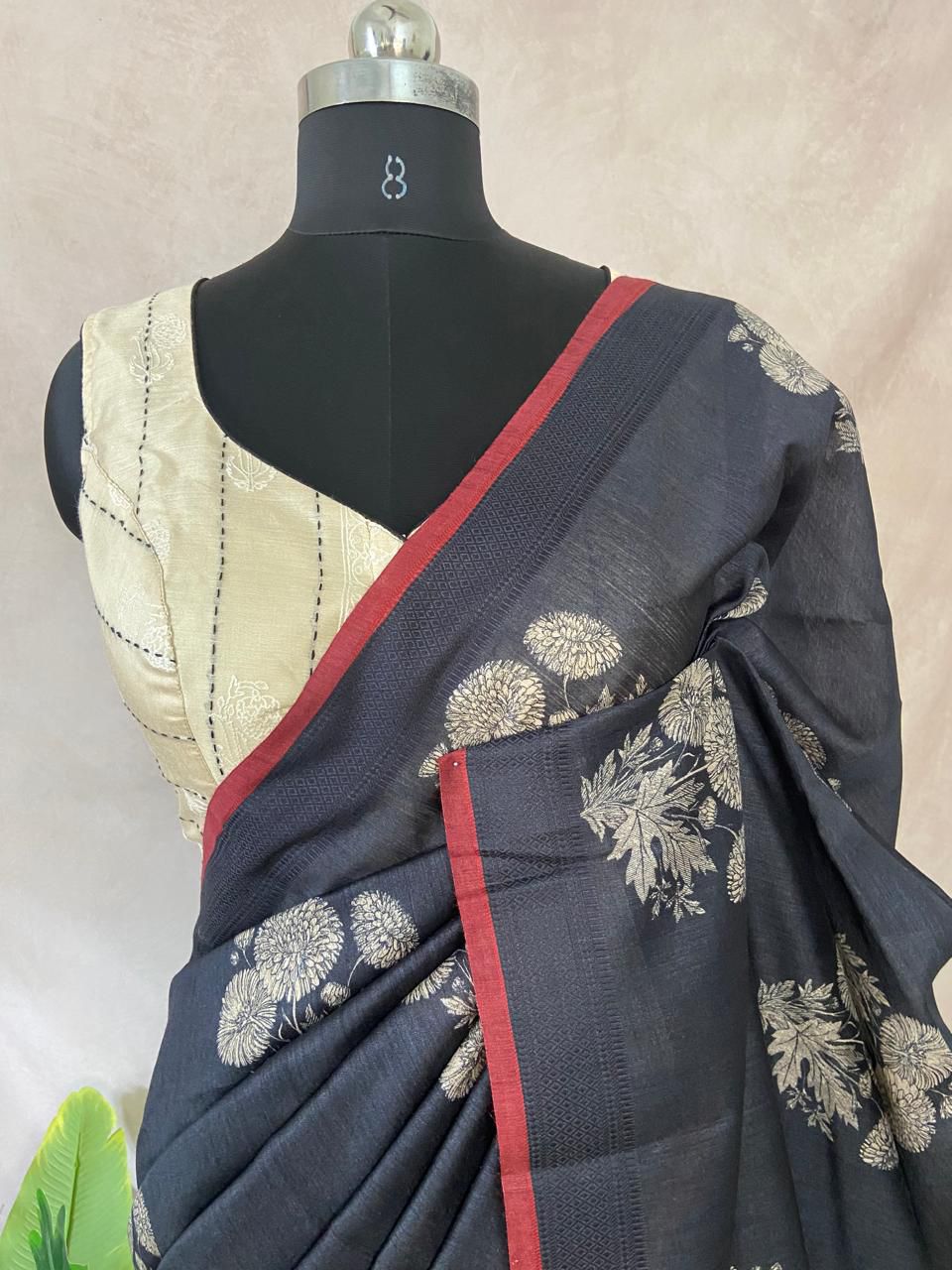 Blended tussar silk saree with stitched long blouse