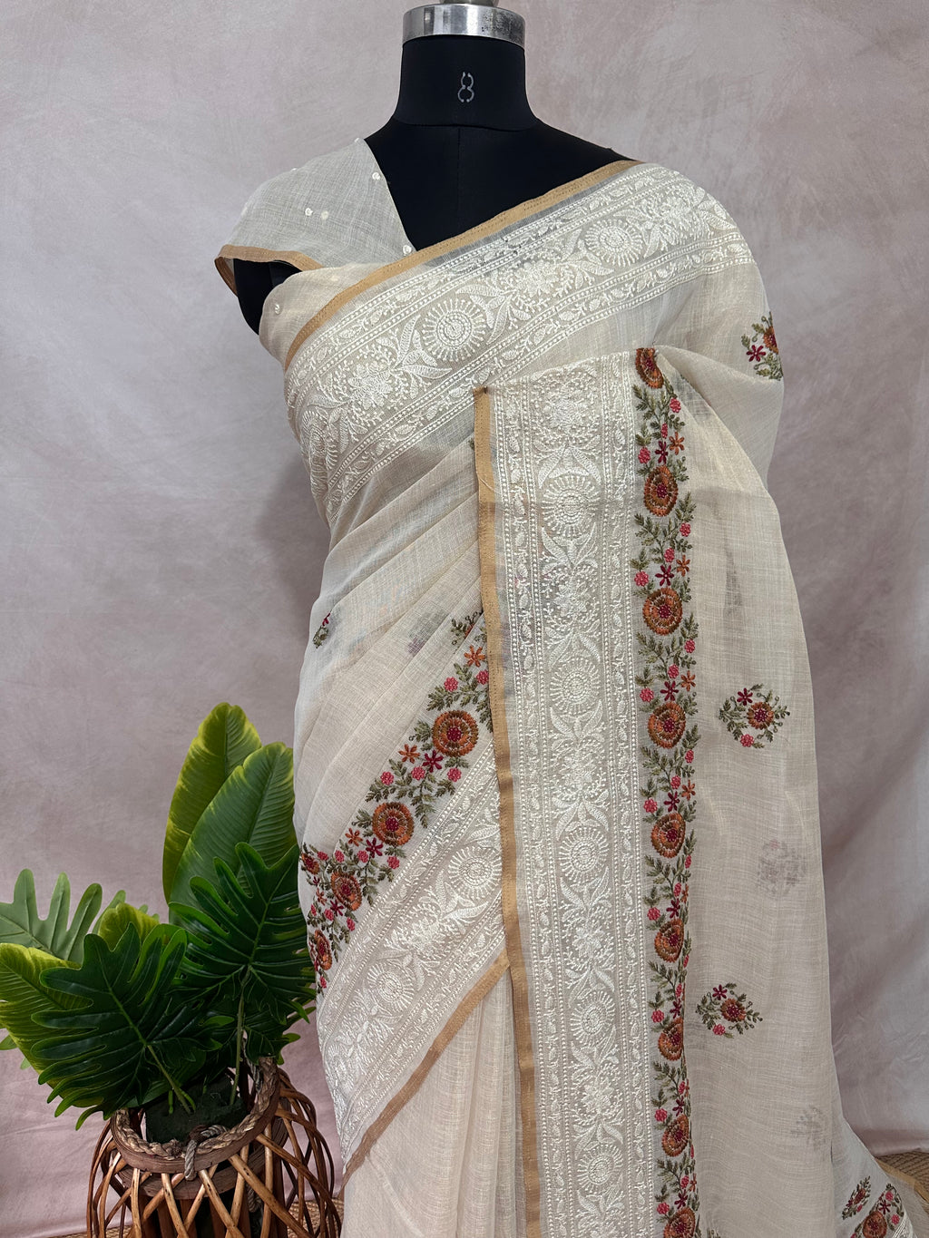 Tissue linen saree chikankari and multi color thread border with BP