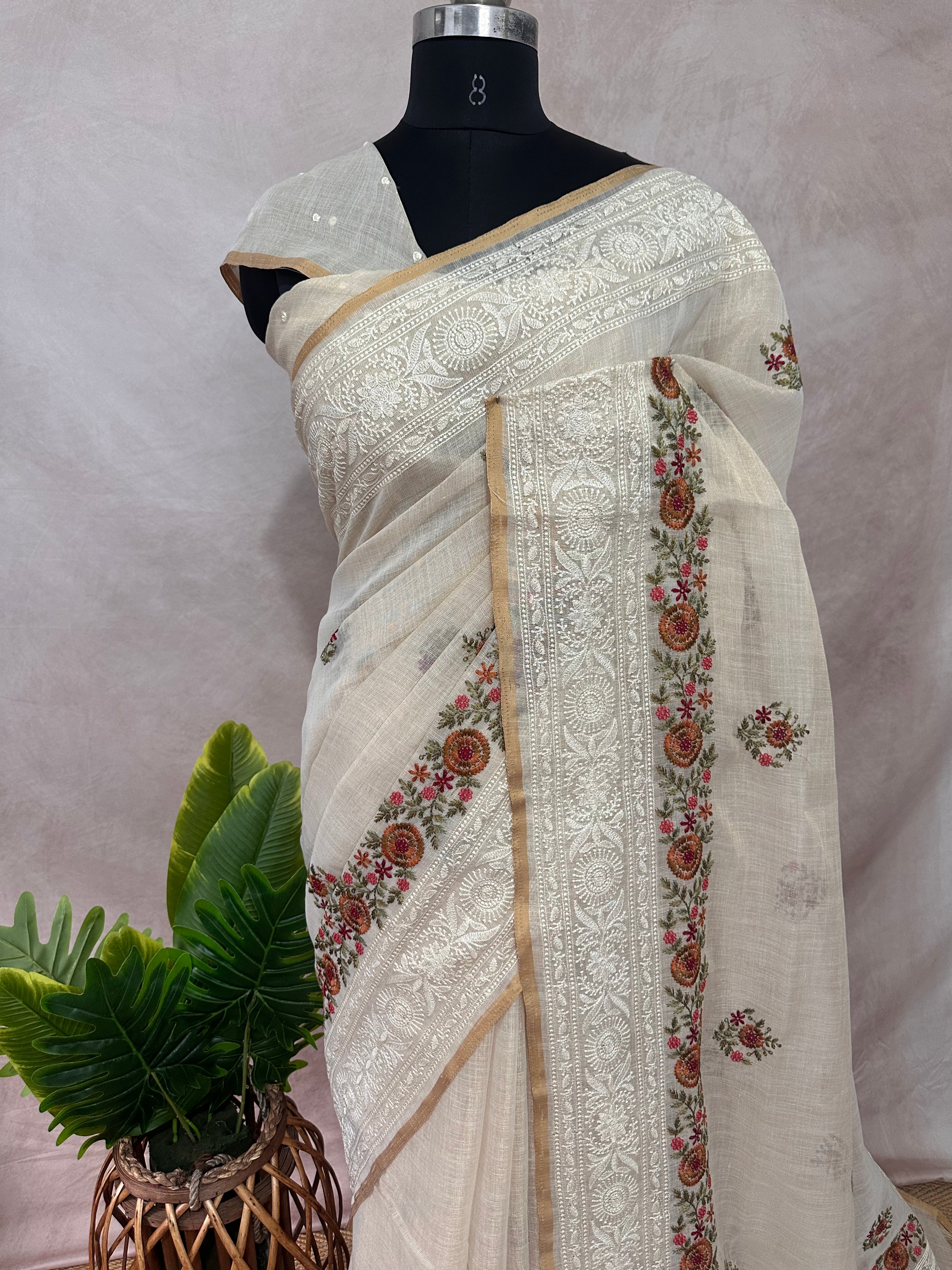 Tissue linen saree chikankari and multi color thread border with BP
