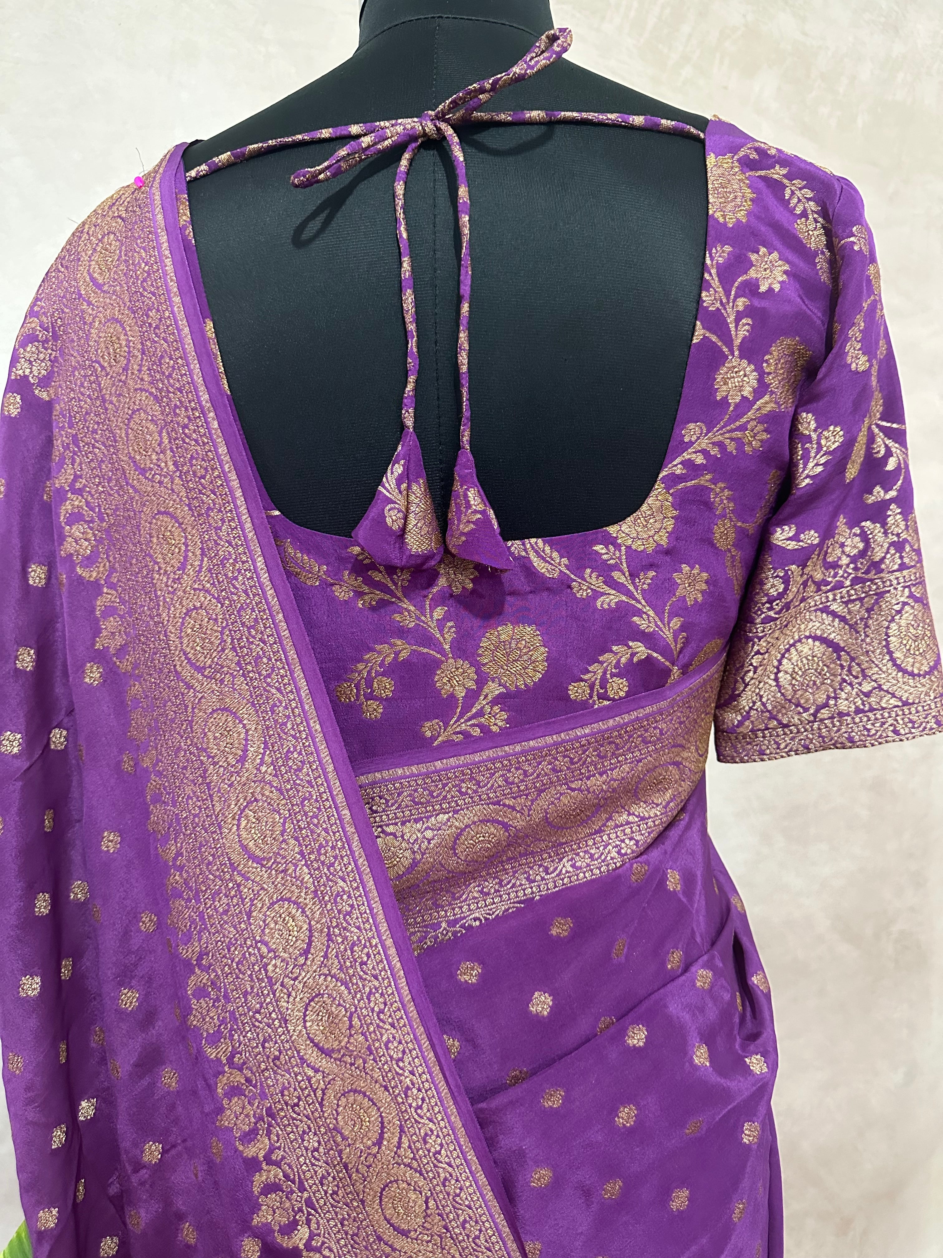 Purple Pure Khaddi Crepe Banarasi Handloom Saree, with stitched blouse