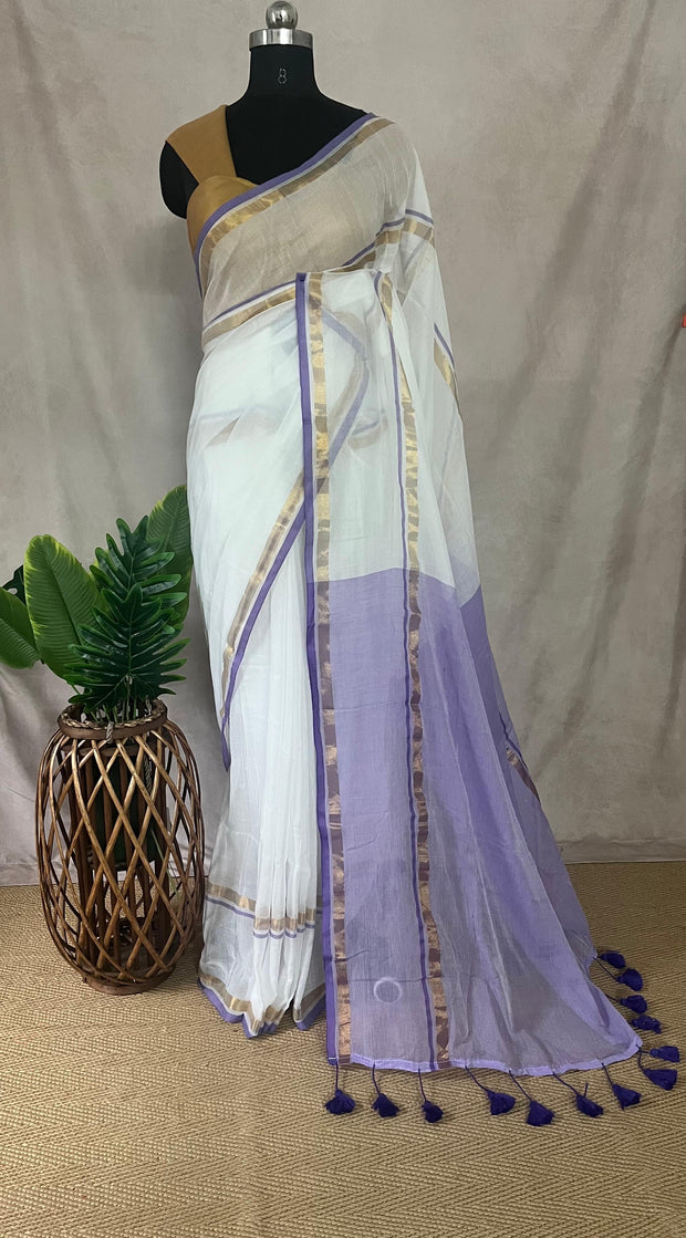 Mulcotton saree with lilac and gold border (no Pico and fall)