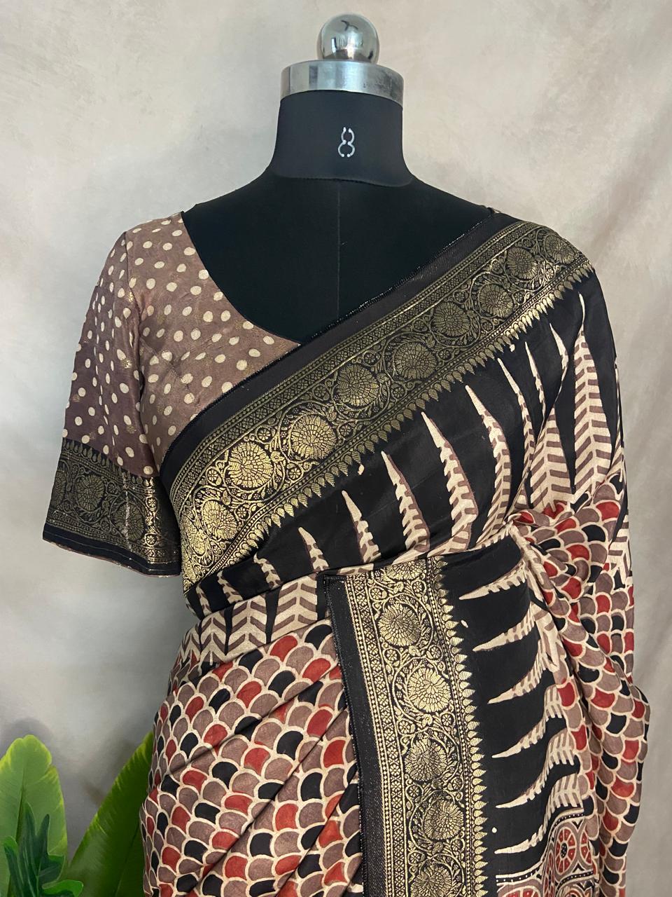 Ajrakh hand block printed premium dola silk saree with stitched blouse