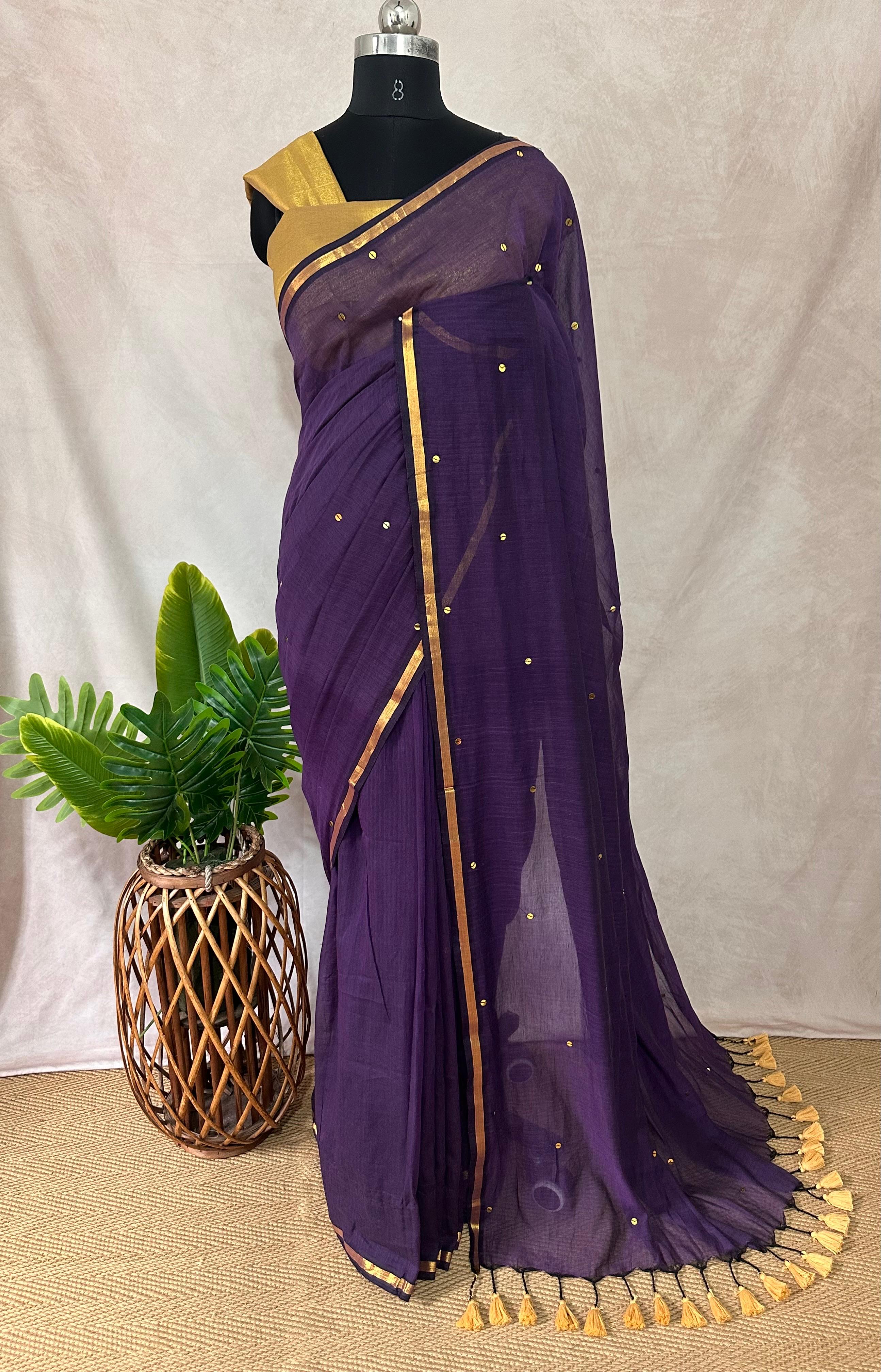 Pure mulcotton saree with sequins