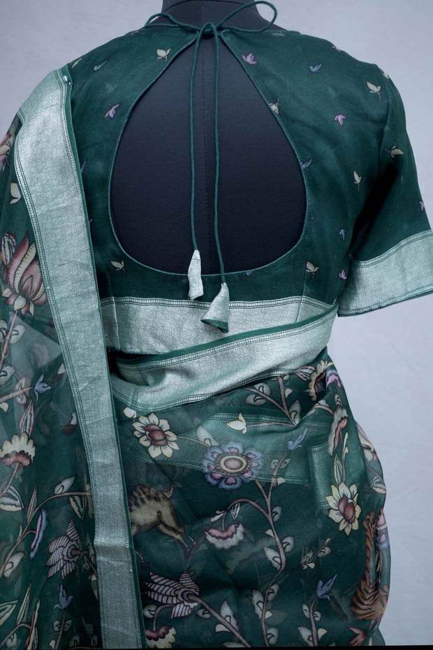Kalamkari printed organza silk saree with stitched blouse