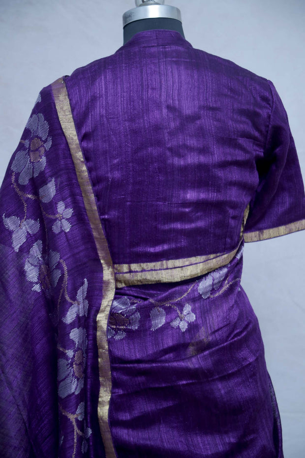 Pure Purple Matka silk handloom saree with jamdani , with stitched blouse