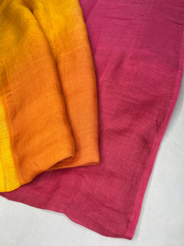 Yellow and pink combo linen saree with stitched blouse