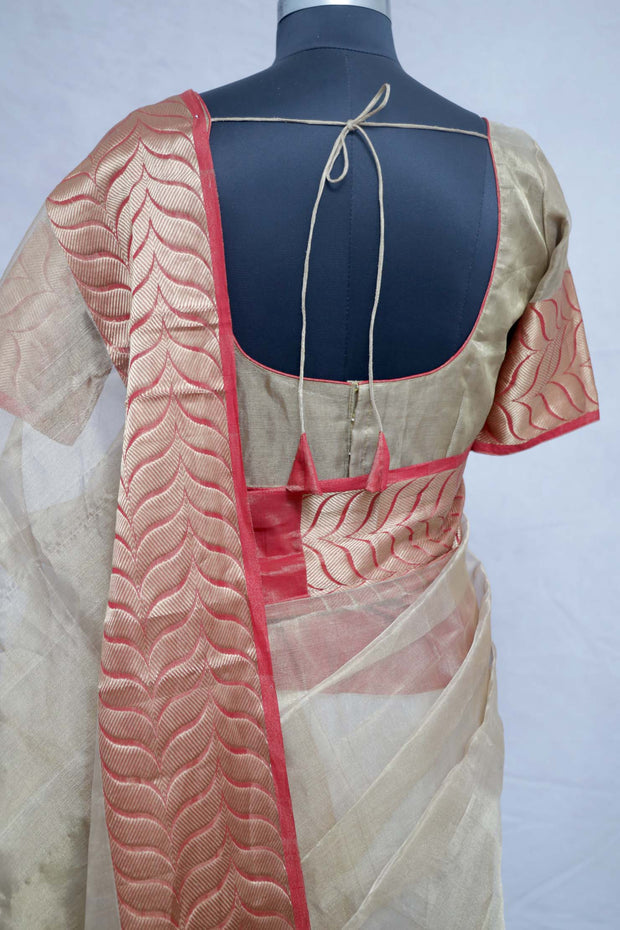 Handloom Pure tissue chanderi saree with red border