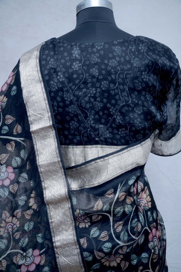 Kalamkari printed organza silk saree with stitched blouse