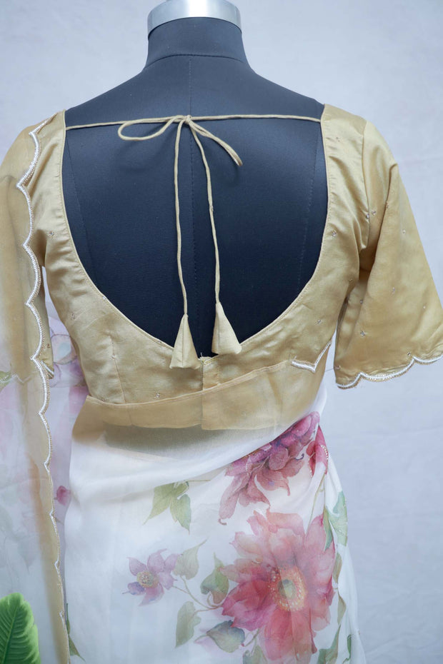 Hand painted organza silk saree with hand work, stitched blouse