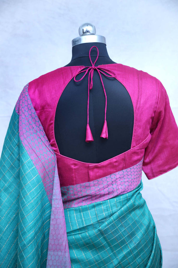 Peacocok green and Pink combination Tussar banarsi saree with stitched blouse