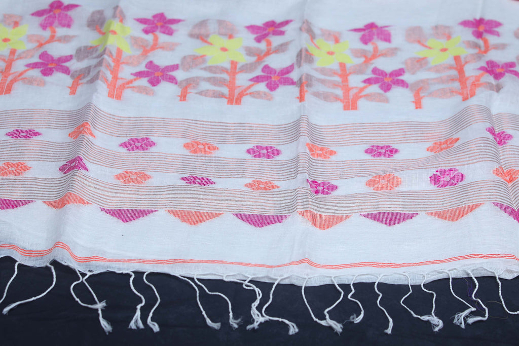 White  tissue linen saree with jamdani weave, with BP