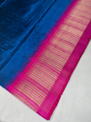 Ink Blue and pink combo pure raw silk saree with stitched blouse