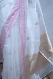 While katan chanderi pure silk saree with pink border, stitched blouse