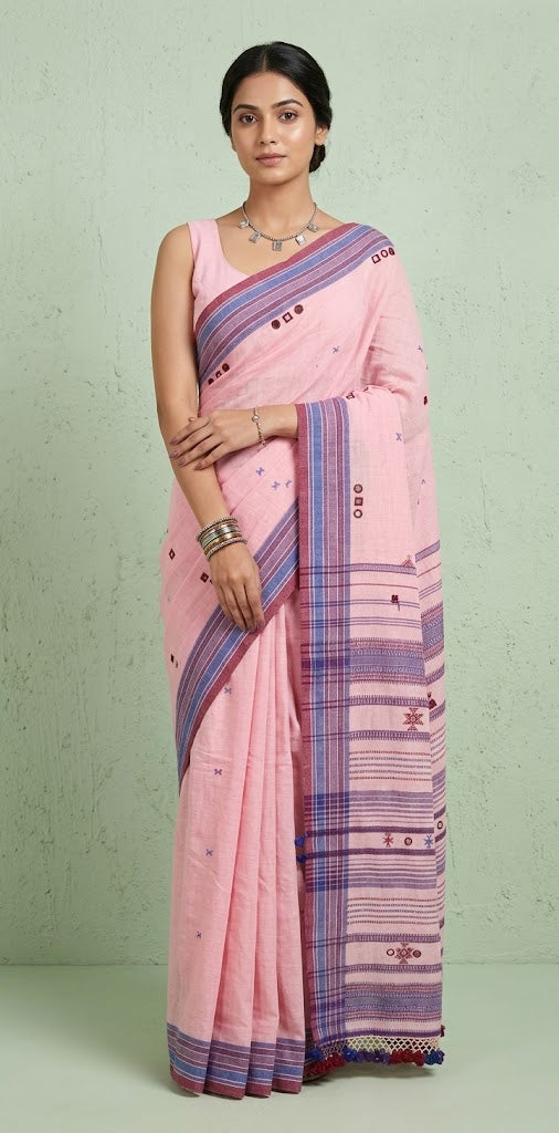 Organic Kala cotton handloom saree with mirror work , stitched blouse
