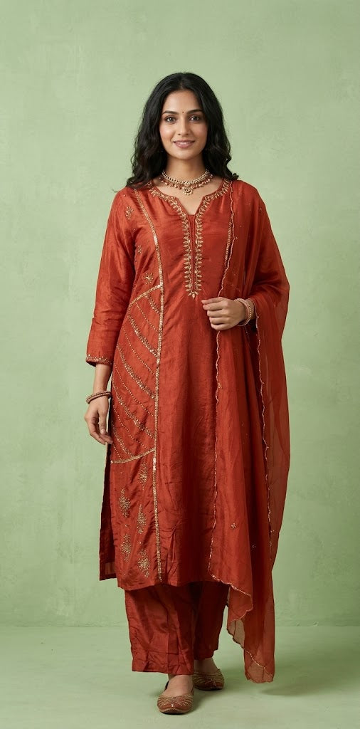 Orange tissue silk kurti set