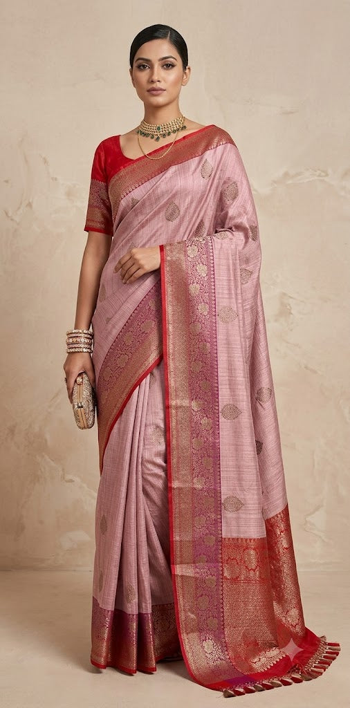 Pure dupion silk saree with banarsi border and stitched blouse