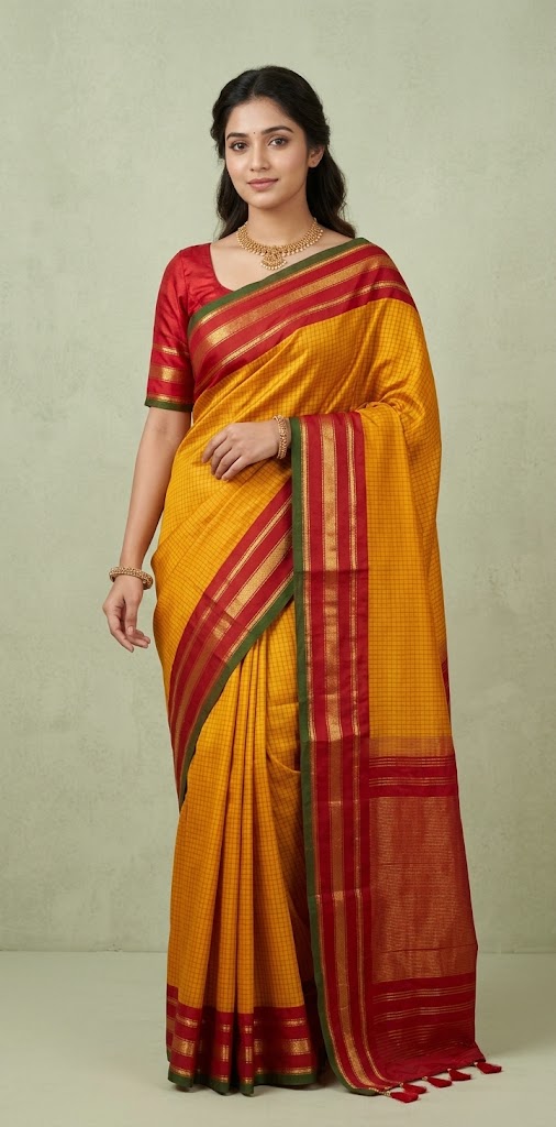 Mango yellow pure handloom gadwal silk saree with stitched blouse
