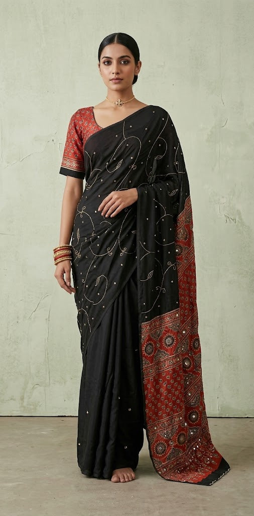 Modal silk saree with bead and mirror work , stitched blouse