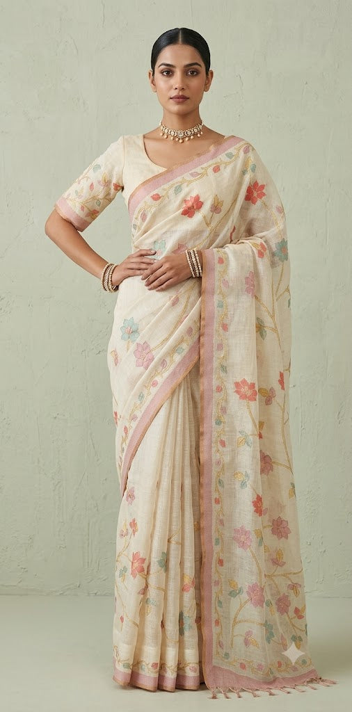 Printed Tissue linen saree with thread work, and stitched blouse
