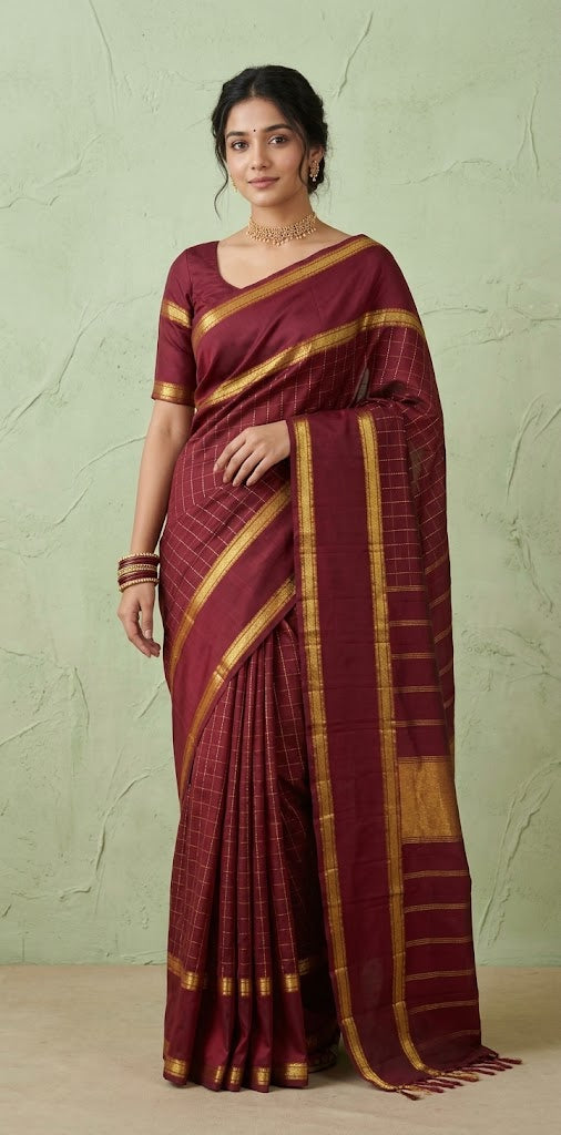 Maroon Kanchivarm handloom silk saree with stitched blouse