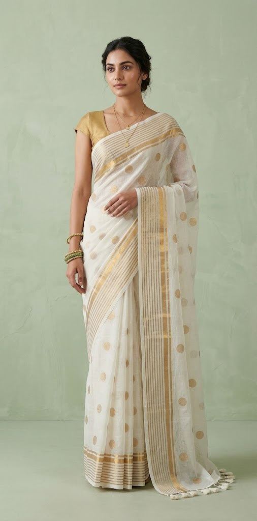 Big polka dot printed 120 count mulcotton saree