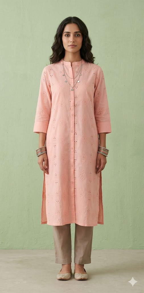 Peach cotton hakoba shirt dress/Kurti
